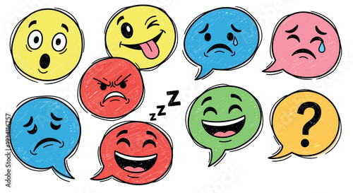 Collection of hand sketched colorful emoji style facial expressions and speech bubbles depicting various human emotions like joy sadness anger and surprise for engaging visual communication.