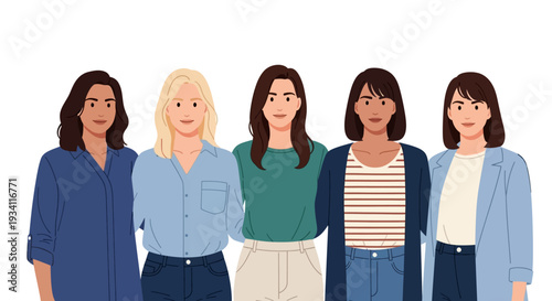 Diverse Group of Five Women Standing Together - Modern Flat Vector Illustration Representing Community, Teamwork, and Female Empowerment