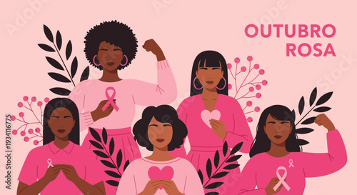 Diverse Women in Pink for Outubro Rosa: Breast Cancer Awareness, Strength, and Global Support