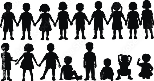 Children silhouette collection with boys and girls holding hands, standing and sitting in different poses, isolated on white background for education and friendship concepts