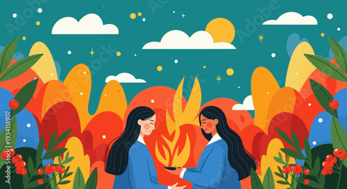 Empathetic Connection: Two Women Share a Glowing Symbol of Hope and Growth in a Vibrant, Abstract Natural World