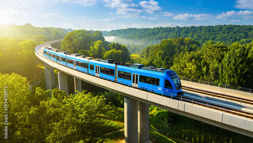 Fotografi Blue high-speed train traveling on an elevated track through a lush forest