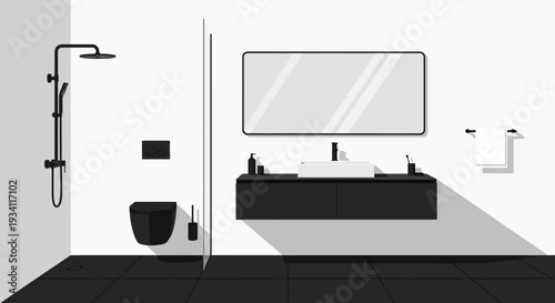 Modern bathroom interior with sleek fixtures, minimalist decor, and ample lighting from a single viewpoint