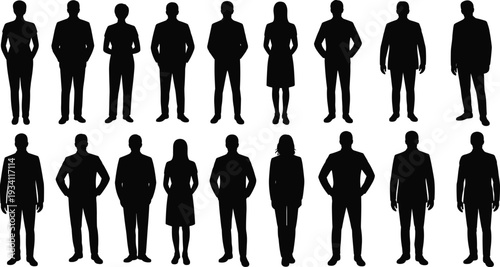 Corporate business people silhouette set, professional men and women standing in formal attire isolated on white background