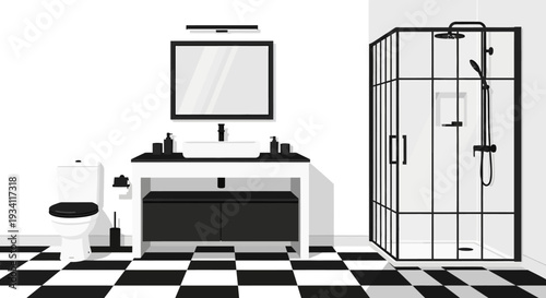 Modern bathroom illustration featuring sink, toilet, shower, mirror, and vanity in a checkered floor setting from a frontal viewpoint