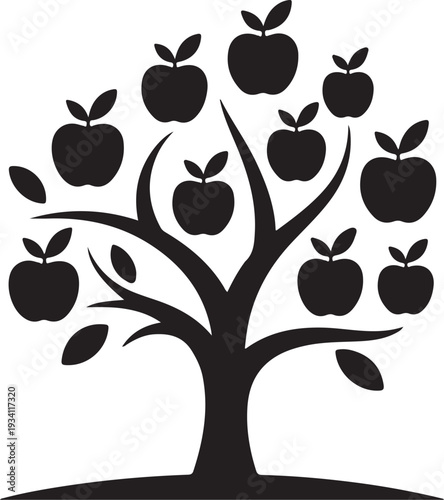 Black silhouette tree with apples and leaves on white background
