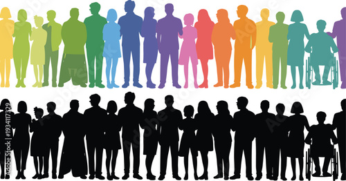 Diverse inclusive community silhouette set, multicultural people including wheelchair users representing equality and social inclusion concept