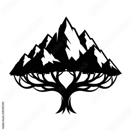 Christmas tree silhouette vector illustration in winter landscape