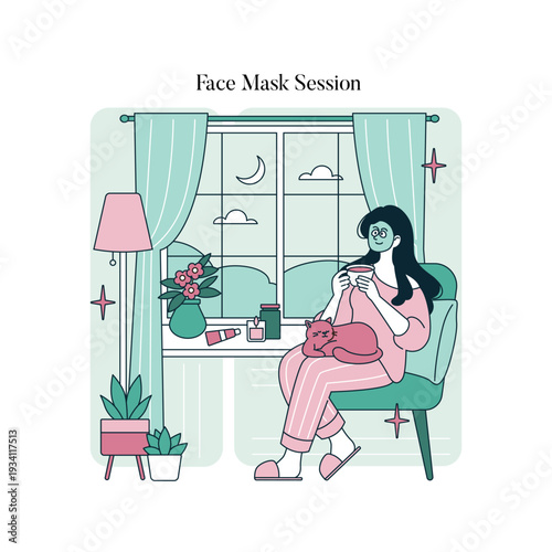 Woman Relaxing with Cat and Face Mask Vector Illustration