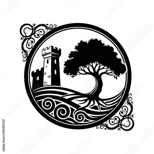 Ancient city abstract vector illustration with tree and decorative elements
