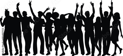 Energetic party crowd silhouette, excited people dancing and celebrating with raised hands isolated on white background