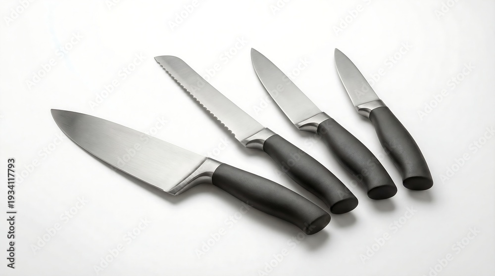 Fototapeta premium Four-Piece Stainless Steel Kitchen Knife Set With Dark Ergonomic Handles on White Background