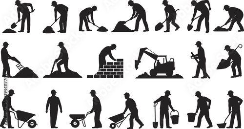 Construction worker silhouettes collection with shovels wheelbarrows bricks and excavator, industrial labor vector illustration isolated on white background for building concept
