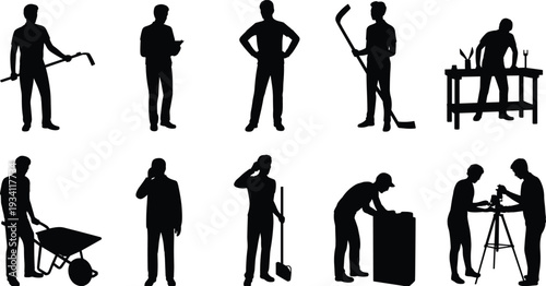 Construction worker and technician silhouettes set, industrial laborers with tools and equipment, engineering workforce vector illustration isolated on white background