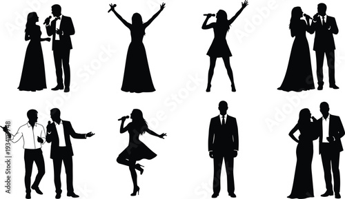 Singers and performers silhouettes vector illustration, musical performance icons, expressive stage poses design graphic, concert artwork, entertainment art