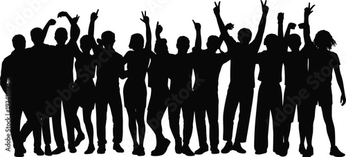 Excited cheering crowd silhouette, happy people celebrating with raised hands isolated on white background for party concept