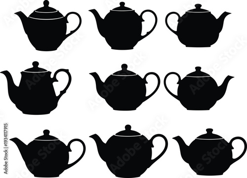 Set of vintage teapot silhouettes in black isolated on light background, classic ceramic tea pot collection for kitchen decor, logo design, packaging, and branding