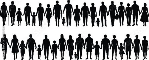 Family silhouette collection, parents and children holding hands isolated on white background for community and unity concept