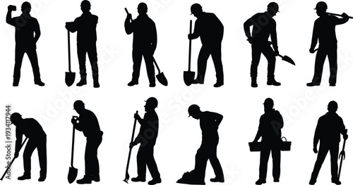 Construction worker silhouettes collection, industrial builders with shovel and tools, manual labor workforce vector illustration isolated on white background