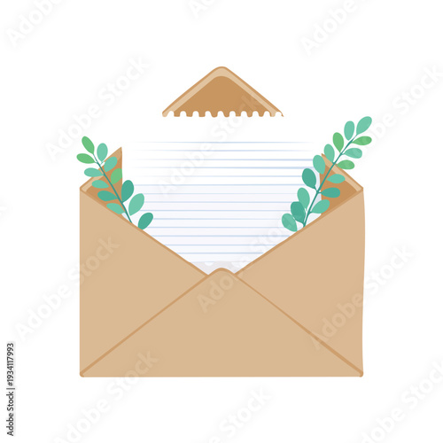 Open envelope with letter and floral elements on white