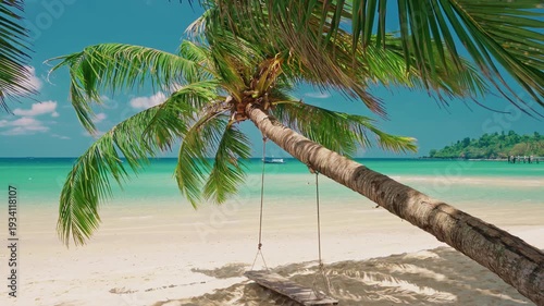 Seamless loop of sea waves on golden Hawaiian sand beach. Palm trees, blue sea and pure natural landscape. Walk along the tropical exotic sandy beach. Paradise beach on an island in the ocean