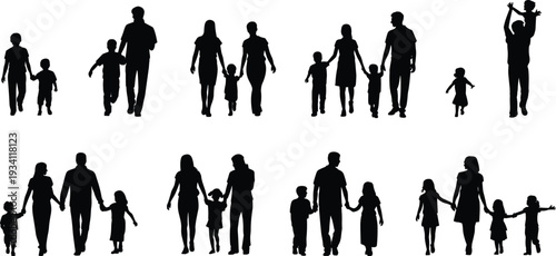 Family silhouettes set, parents and children walking together in various poses isolated on white background
