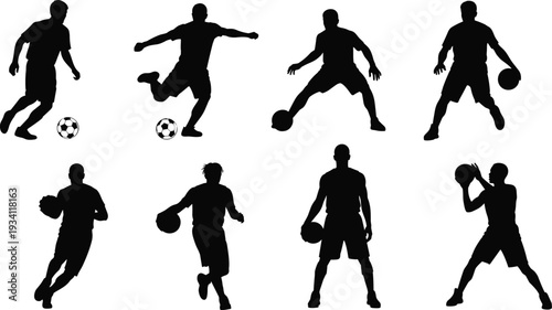 Soccer and basketball player silhouettes in action poses, athletic men dribbling and kicking ball collection isolated on white background for sports design