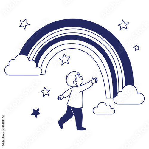 Child reaching for a rainbow amongst clouds and stars dreams of a bright future illustration