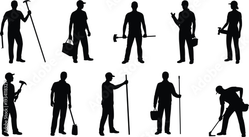 Construction worker silhouettes set with hammer shovel tool bag and pickaxe, professional builder labor vector illustration isolated on white background
