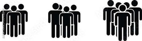 Group of people icon set, black human silhouettes representing team, community and user crowd concept isolated on white background