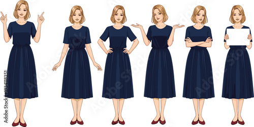 Elegant woman character set showing different gestures, female cartoon illustration holding blank sign board isolated on white background