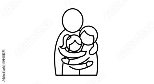A minimalist line drawing of a parent holding two children close in a warm family embrace with simplicity