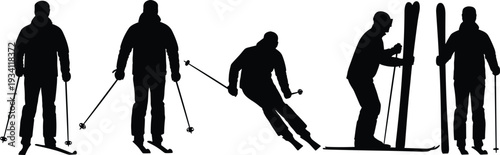 Skier silhouettes set with ski poles and equipment isolated on light background, winter sport activity collection for alpine adventure, snow recreation, and outdoor design