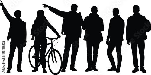 Group of young people silhouette with bicycle, men and woman pointing and standing in casual urban poses isolated on white background
