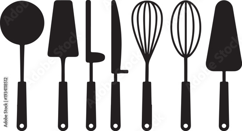 Black silhouettes of kitchen utensils on white background