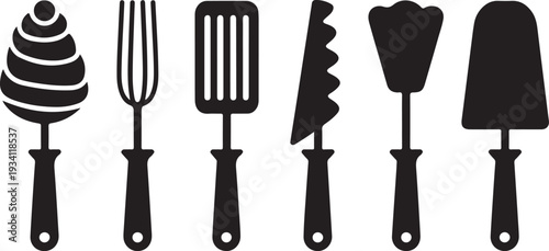 Black silhouettes of kitchen utensils on white background