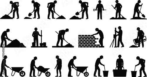 Construction worker silhouettes set with shovels wheelbarrows bricks and tools, industrial labor vector illustration isolated on white background for building industry