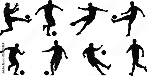 Soccer silhouettes players, dynamic ball actions, kicking dribbling poses, athletic movements, abstract vector illustration, black design elements, sports training art