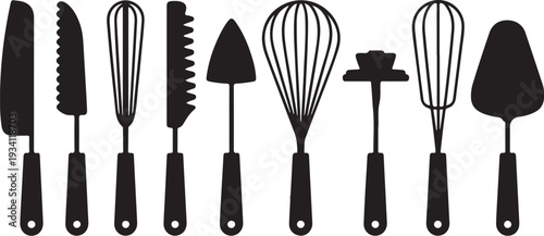 Black silhouettes of kitchen utensils on white background