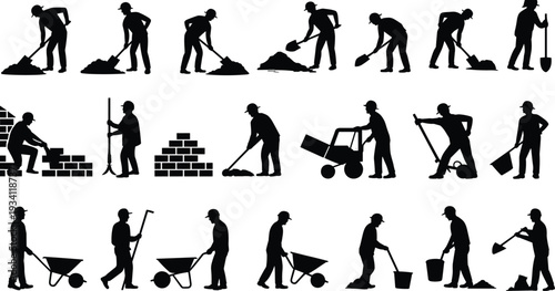 Construction worker silhouettes set with shovels wheelbarrows bricks and tools, industrial labor vector illustration isolated on white background