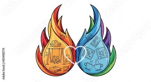 Contrasting flames with warm and cool colors symbolize balance and harmony in daily life and work