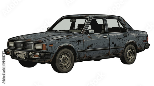 Abandoned Rusty Car, Old Vehicle, Decaying Auto on White Background
