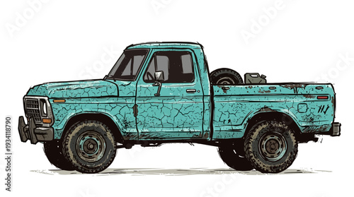 Vintage turquoise pickup truck with weathered paint and off-road tires