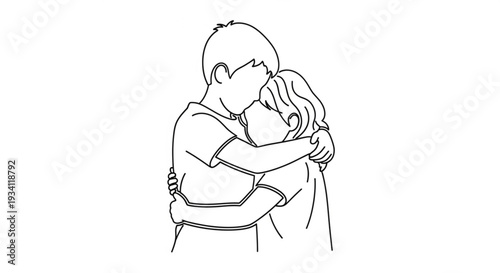 Tender moment of a man and woman embracing love and affection in a simple line drawing