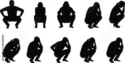 Squatting posture silhouettes sequence, human body positions vector illustration, physical movement icon design, fitness exercise artwork, sitting crouch graphic art