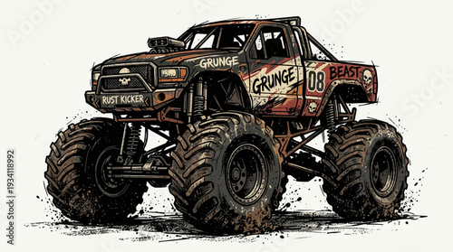 Grunge monster truck illustration with large tires and distressed paint