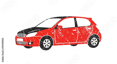 Red Hatchback Car Illustration with Grunge Texture