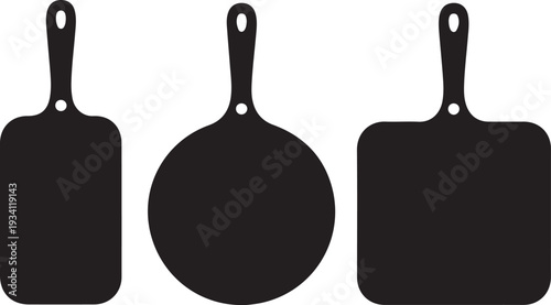 Black silhouettes of three frying pans kitchen utensils