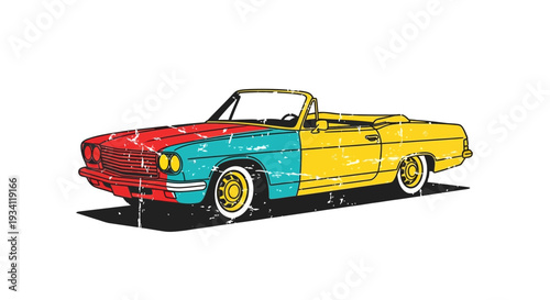 Retro convertible car with rough texture and multicolored design, isolated on white