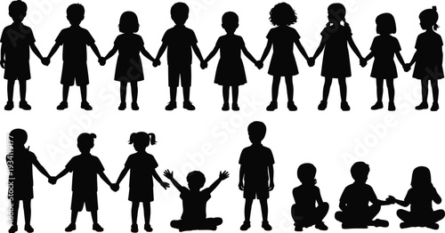 Kids silhouette set with boys and girls holding hands and sitting in playful poses, isolated on white background for education, teamwork and childhood themes